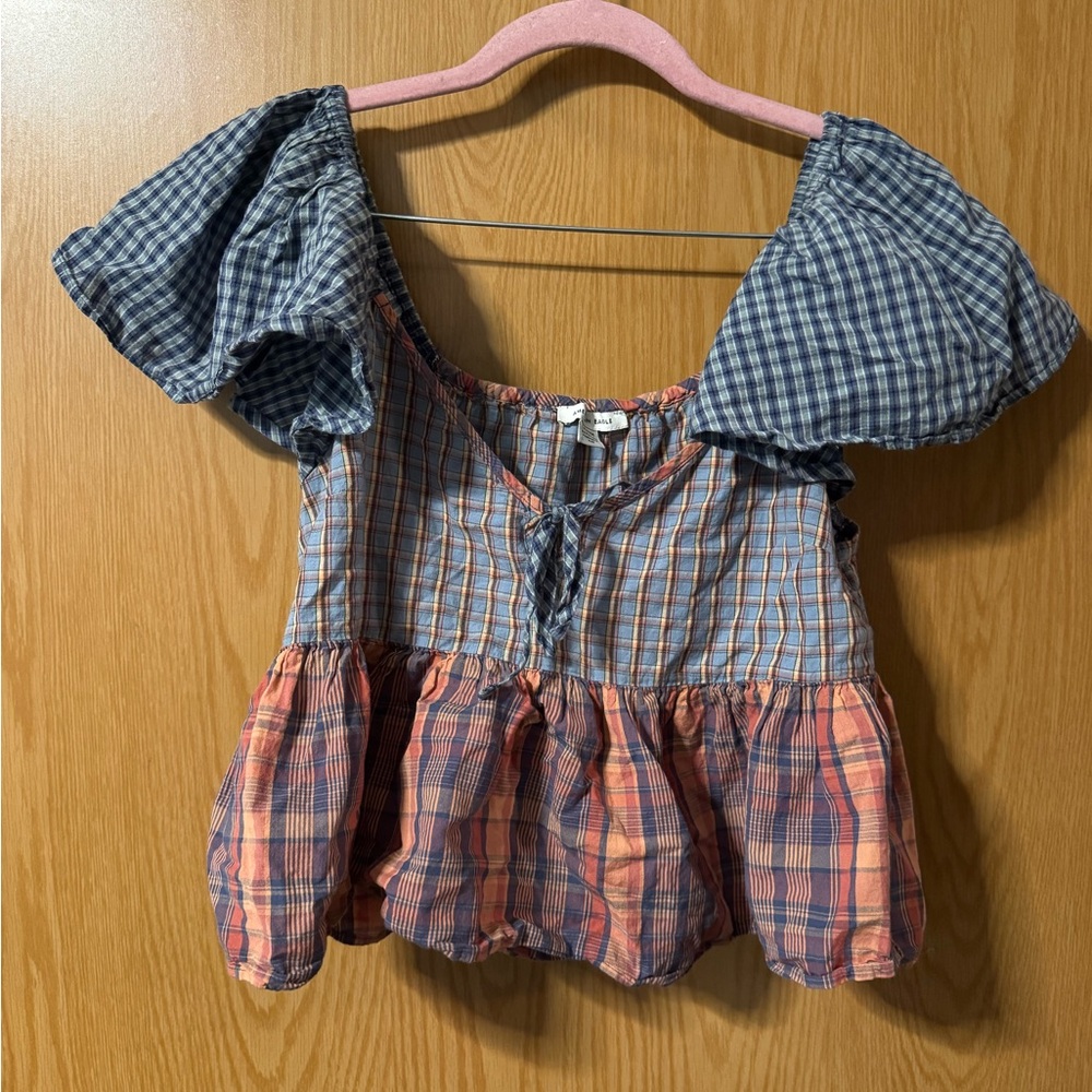 American Eagle Plaid Top with Puff Sleeves